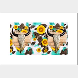 Bull skull sunflower fur Posters and Art